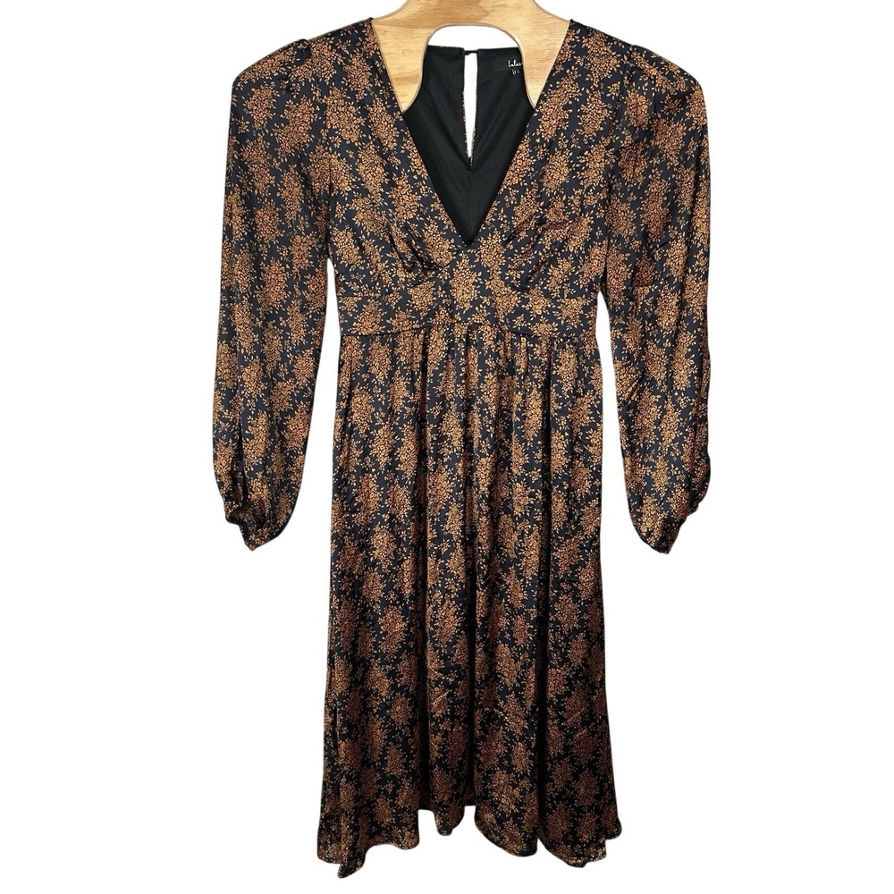 Lulus Floral Long Sleeve Satin V-neck Midi Dress Womens Size XL Navy Blue Orange
